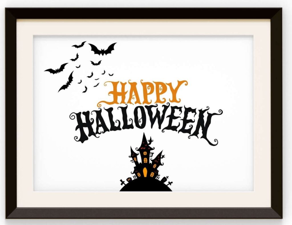 Halloween Art, Haunted House and Bats Print