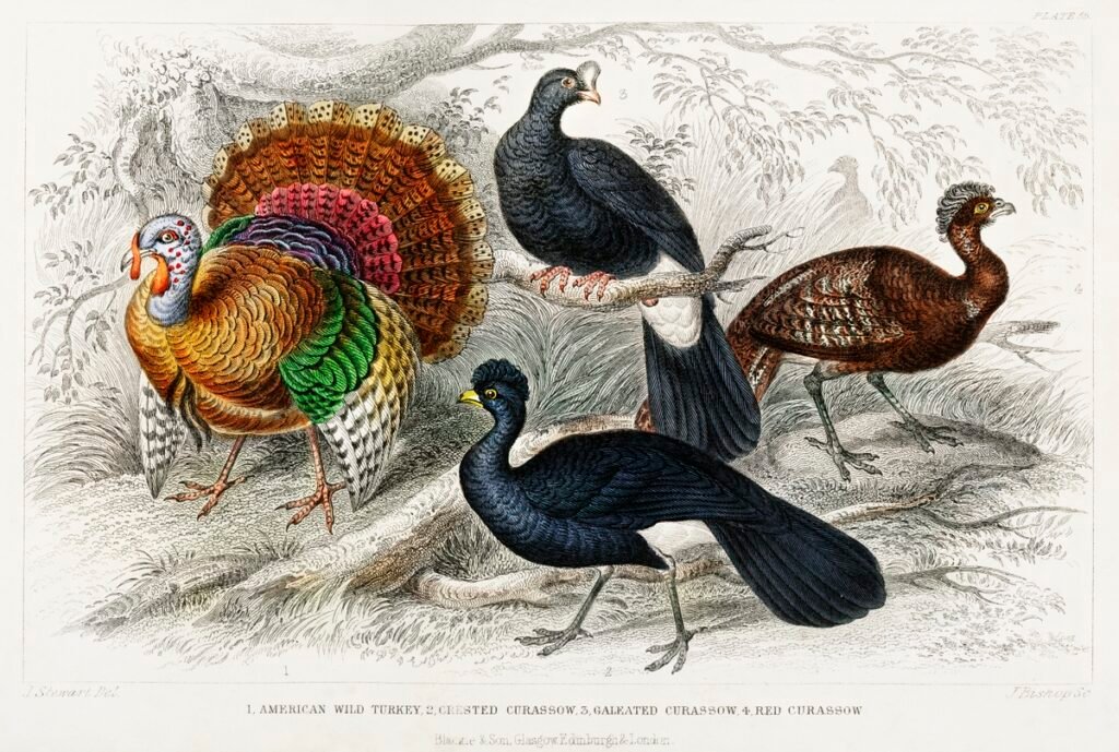 American Wild Turkey, Crested Curassow, Galeated Curassow, and Red Curassow by Oliver Goldsmith